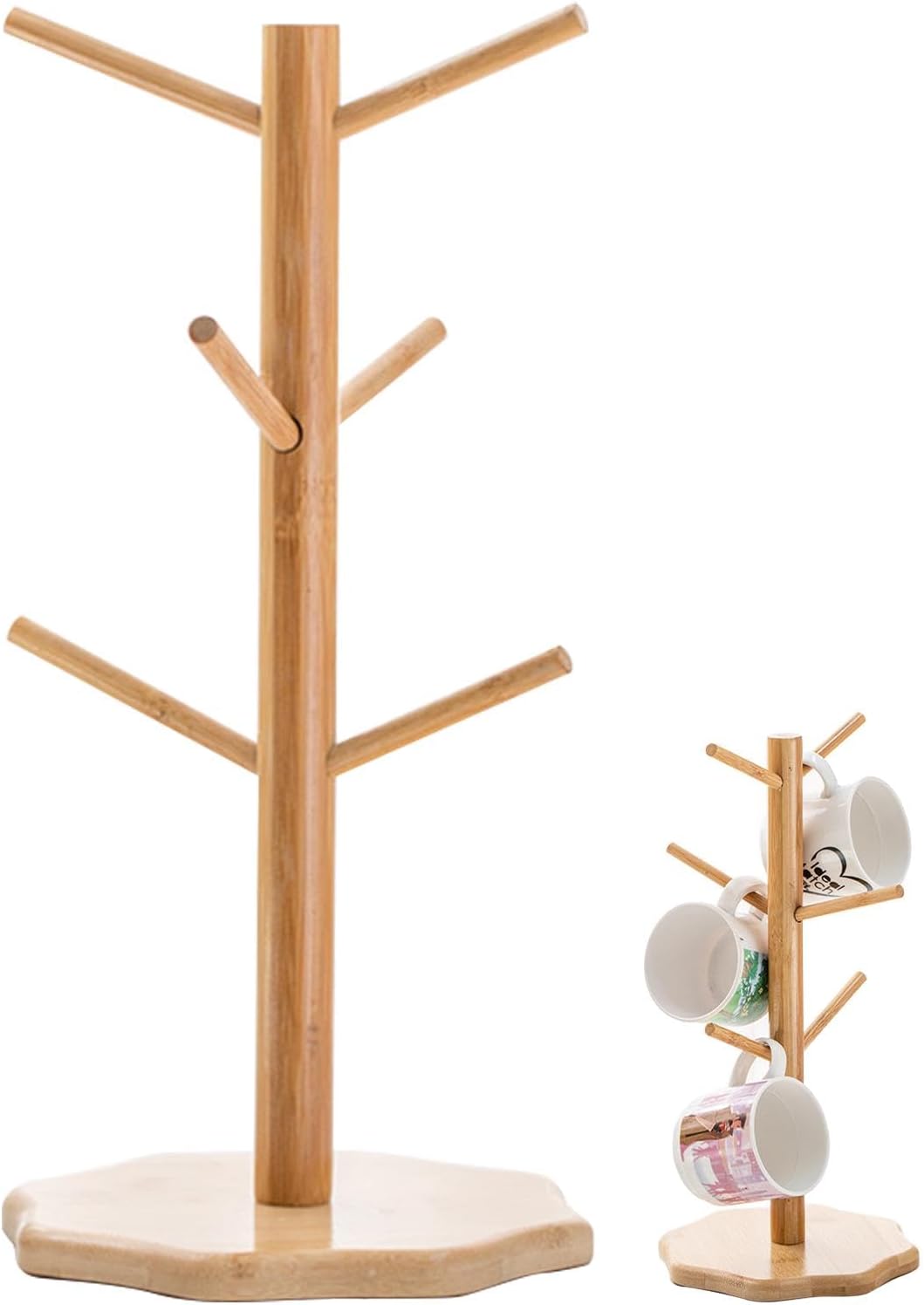Tookie Bamboo Mug Holder Tree, Coffee Cup Display Hanger Dryer with 6 Hooks, Mug Racks for Kitchen Counter and Display Dinnerware Storage, Coffee Bar Decorative Accessories(Size:1pack)