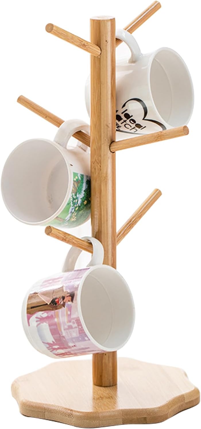 Tookie Bamboo Mug Holder Tree, Coffee Cup Display Hanger Dryer with 6 Hooks, Mug Racks for Kitchen Counter and Display Dinnerware Storage, Coffee Bar Decorative Accessories(Size:1pack)