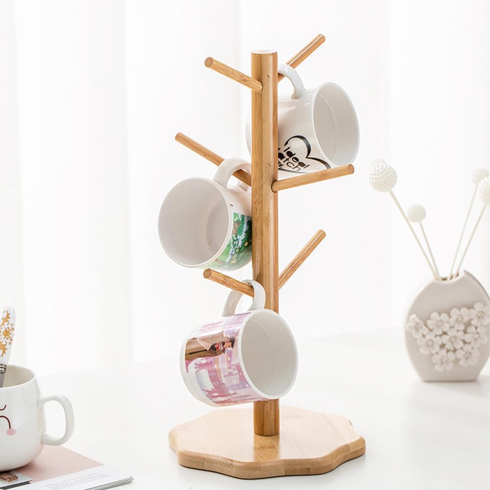 Tookie Bamboo Mug Holder Tree, Coffee Cup Display Hanger Dryer with 6 Hooks, Mug Racks for Kitchen Counter and Display Dinnerware Storage, Coffee Bar Decorative Accessories(Size:1pack)