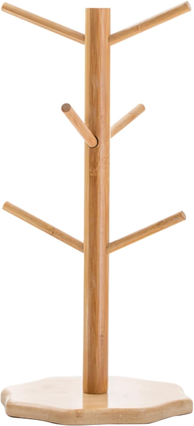 Tookie Bamboo Mug Holder Tree, Coffee Cup Display Hanger Dryer with 6 Hooks, Mug Racks for Kitchen Counter and Display Dinnerware Storage, Coffee Bar Decorative Accessories(Size:1pack)