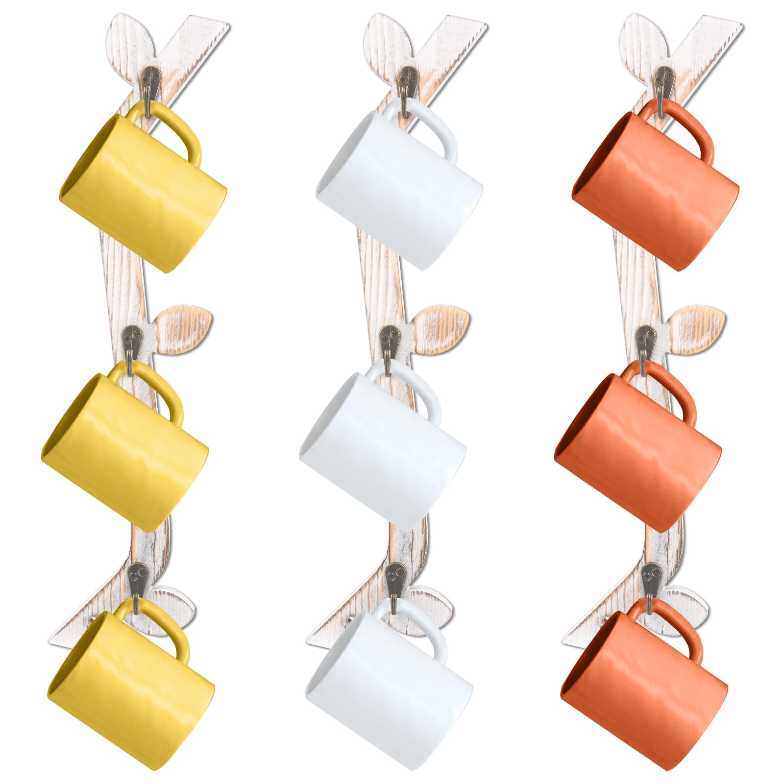 3 Pack Wood Coffee Mug Wall Rack with 9 Hooks Wall Mount Coffee Cup Holder Wooden Espresso Cup Holder Tree Brown Mug Stand Display Wall Mounted Cup Drying Rack for Kitchen Cafe