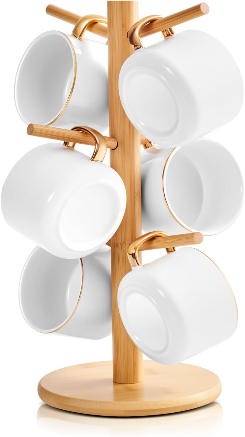 Bamboo Mug Tree for Counter, 6 Hooks Detachable Coffee Mug Holder, Decorative Mug Racks for Coffee Bar Organizer
