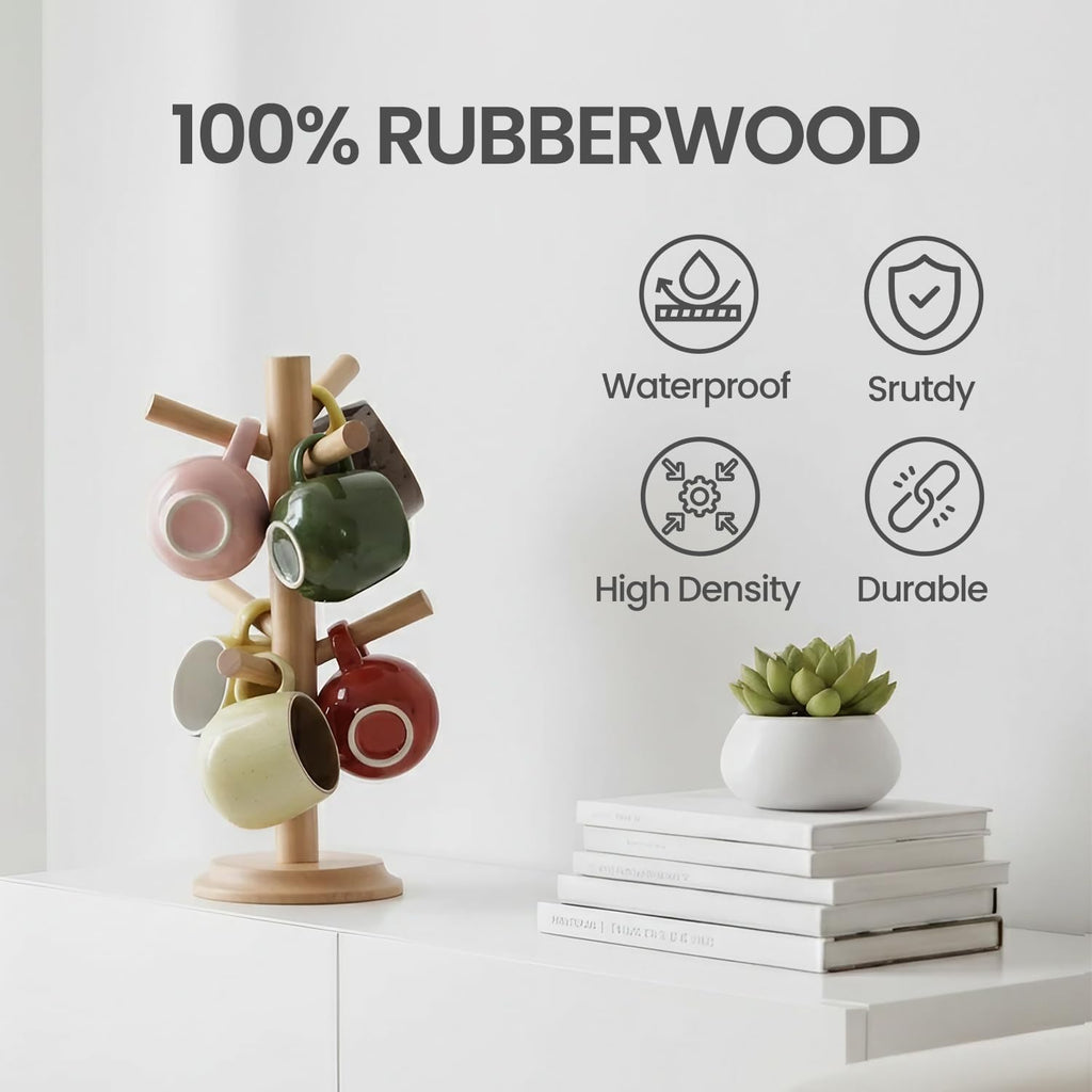 Mug Tree Set of 2 | 13.5"x7"x7", 6 Hooks Cup Holder with Thick Rubberwood Base, Wooden Coffee Mug Holder Stand for Countertop, Kitchen Table, Cup Organizer Rack for Mugs or Utensils (Natural)