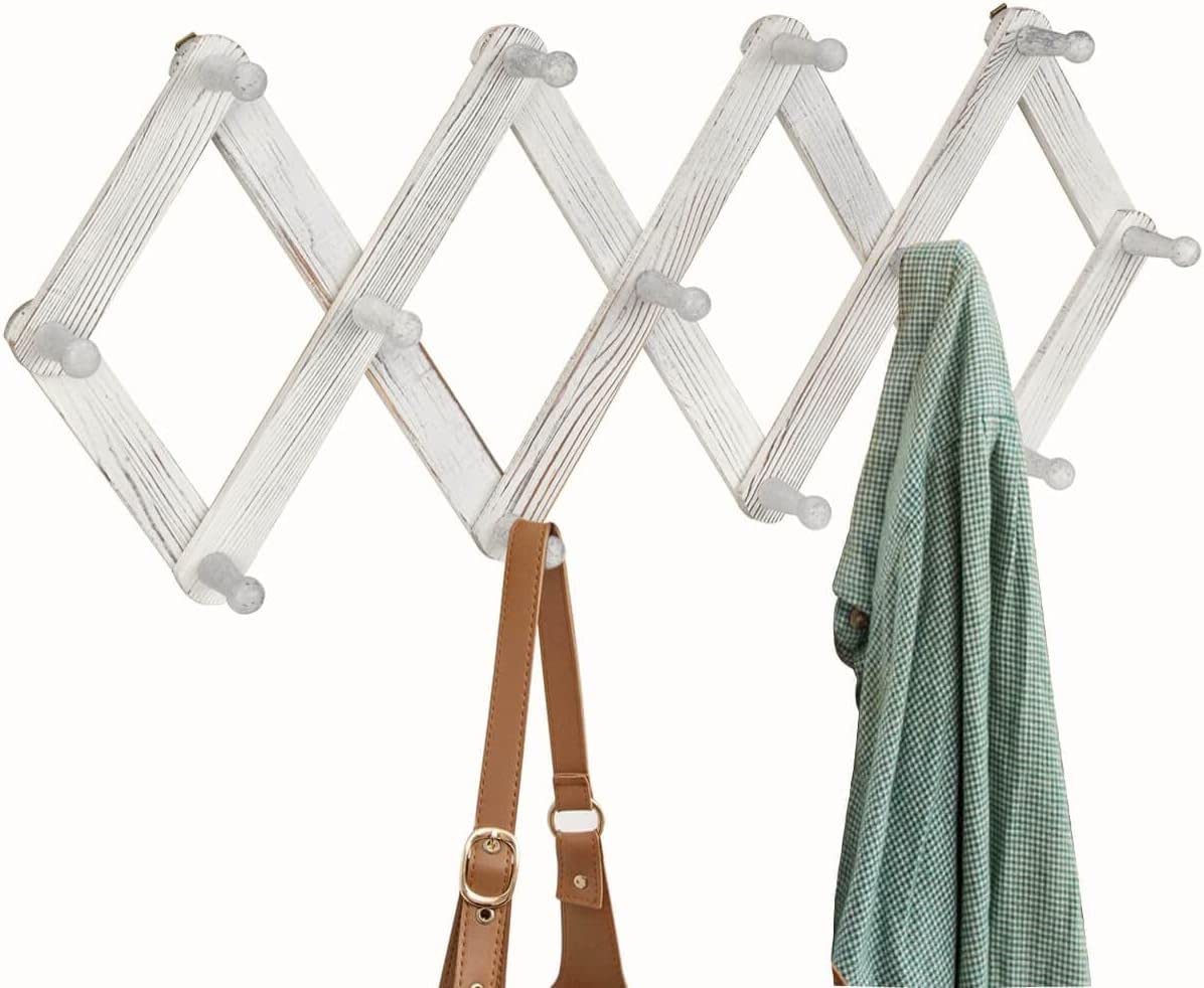 Homode Vintage Wood Expandable Peg Rack- Multi-Purpose Accordion Wall Hangers with 13 Hooks for Hats, Coat, Mugs, Scarf, Jewelry Storage