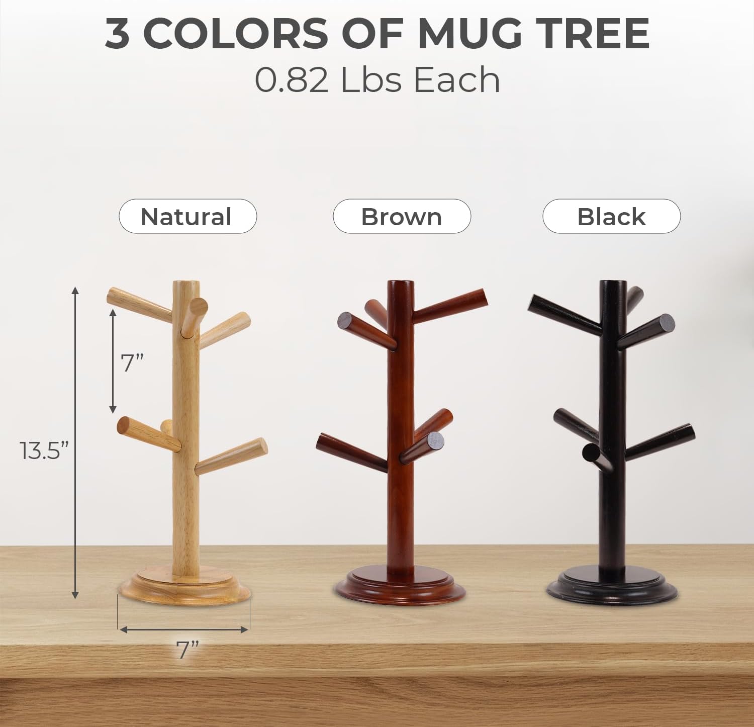 Mug Tree Set of 2 | 13.5"x7"x7", 6 Hooks Cup Holder with Thick Rubberwood Base, Wooden Coffee Mug Holder Stand for Countertop, Kitchen Table, Cup Organizer Rack for Mugs or Utensils (Natural)