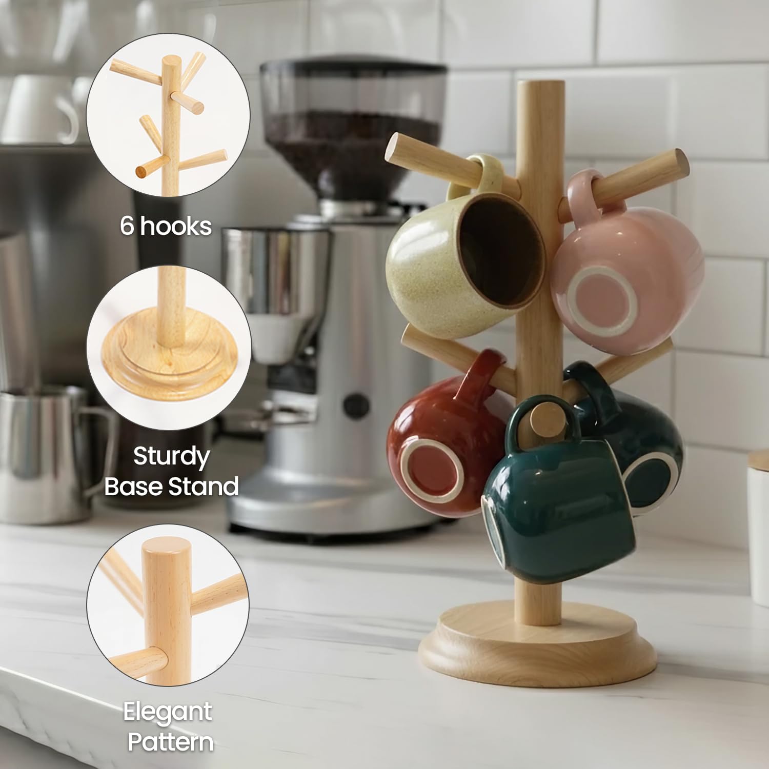 Mug Tree Set of 2 | 13.5"x7"x7", 6 Hooks Cup Holder with Thick Rubberwood Base, Wooden Coffee Mug Holder Stand for Countertop, Kitchen Table, Cup Organizer Rack for Mugs or Utensils (Natural)