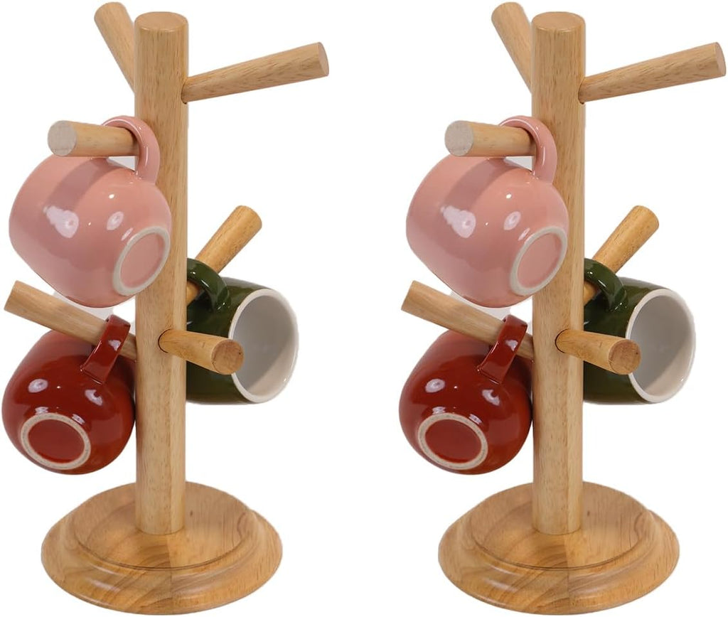 Mug Tree Set of 2 | 13.5"x7"x7", 6 Hooks Cup Holder with Thick Rubberwood Base, Wooden Coffee Mug Holder Stand for Countertop, Kitchen Table, Cup Organizer Rack for Mugs or Utensils (Natural)