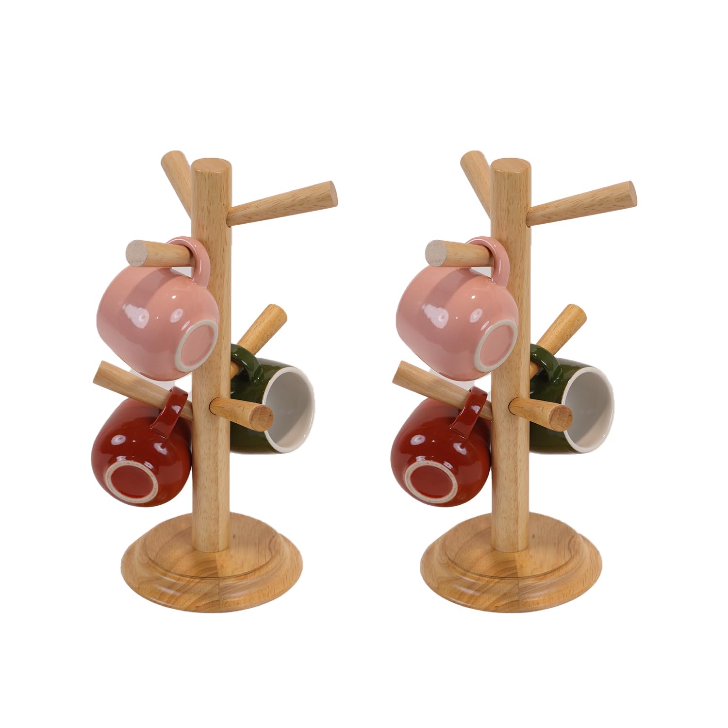 Mug Tree Set of 2 | 13.5"x7"x7", 6 Hooks Cup Holder with Thick Rubberwood Base, Wooden Coffee Mug Holder Stand for Countertop, Kitchen Table, Cup Organizer Rack for Mugs or Utensils (Natural)