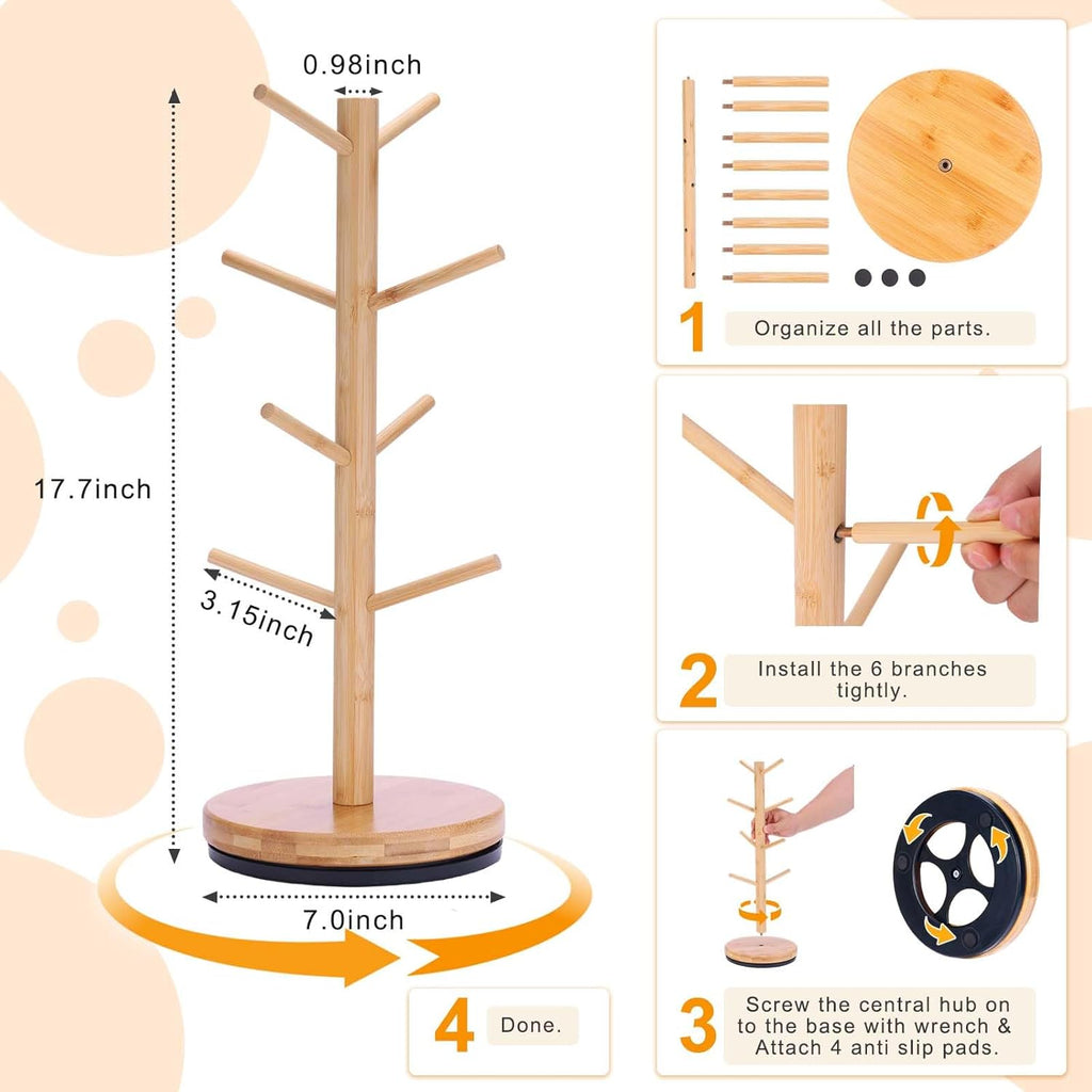 Mug Holder Tree, Upgraded 360° Rotated 8 Hooks Coffee Mug Holders for Counter, Bamboo Mug Rack Stand for Coffee Bar Accessories