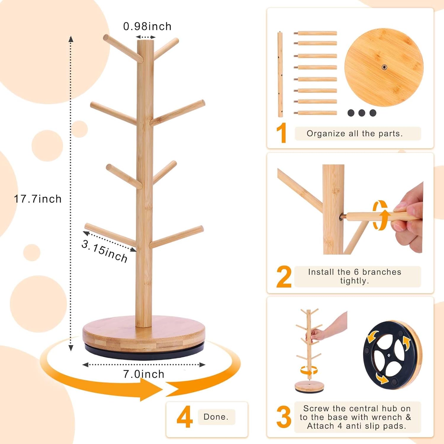 Mug Holder Tree, Upgraded 360° Rotated 8 Hooks Coffee Mug Holders for Counter, Bamboo Mug Rack Stand for Coffee Bar Accessories