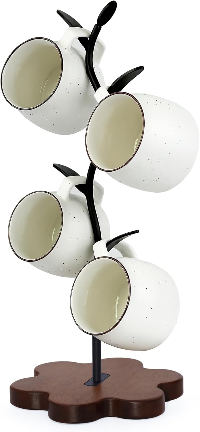 Mug Tree for Coffee Cups – Rustic Mug Holder Stand with 4 Hooks, Countertop Cup Rack for Coffee Bar & Kitchen Organization