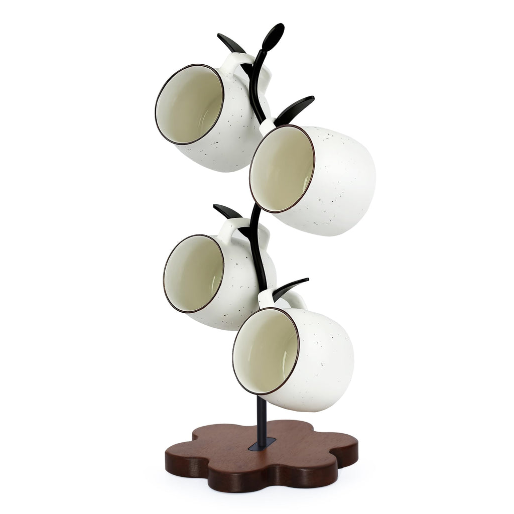 Mug Tree for Coffee Cups – Rustic Mug Holder Stand with 4 Hooks, Countertop Cup Rack for Coffee Bar & Kitchen Organization