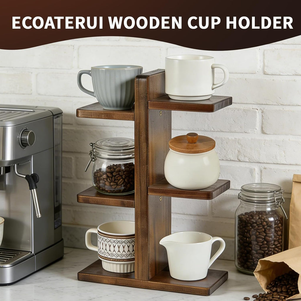 Coffee Mug Display Shelf, Wooden Cup Holder for Kitchen Counter Bar Accessory & Kitchen Organizer Mug Rack Countertop Holds 6 Mugs