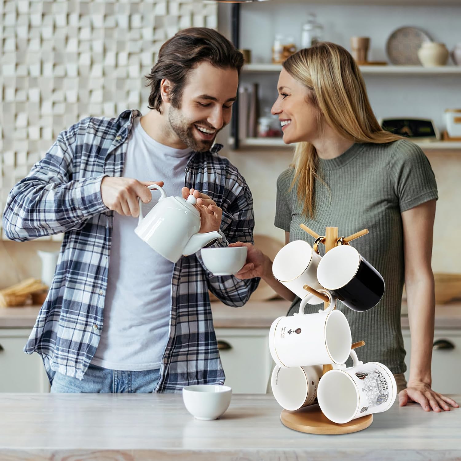 Bamboo Mug Tree Holder, Upgraded Screw Type 6 Hooks Coffee Mug Holders, Decorative Mug Racks for Counter, Non-Slip Coffee Mug Cup Trees