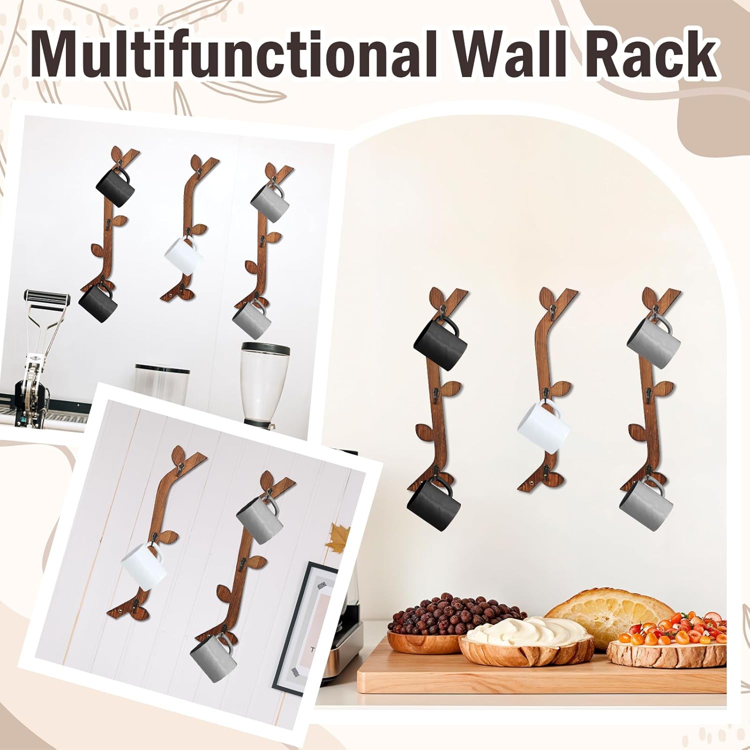 3 Pack Wood Coffee Mug Wall Rack with 9 Hooks Wall Mount Coffee Cup Holder Wooden Espresso Cup Holder Tree Brown Mug Stand Display Wall Mounted Cup Drying Rack for Kitchen Cafe