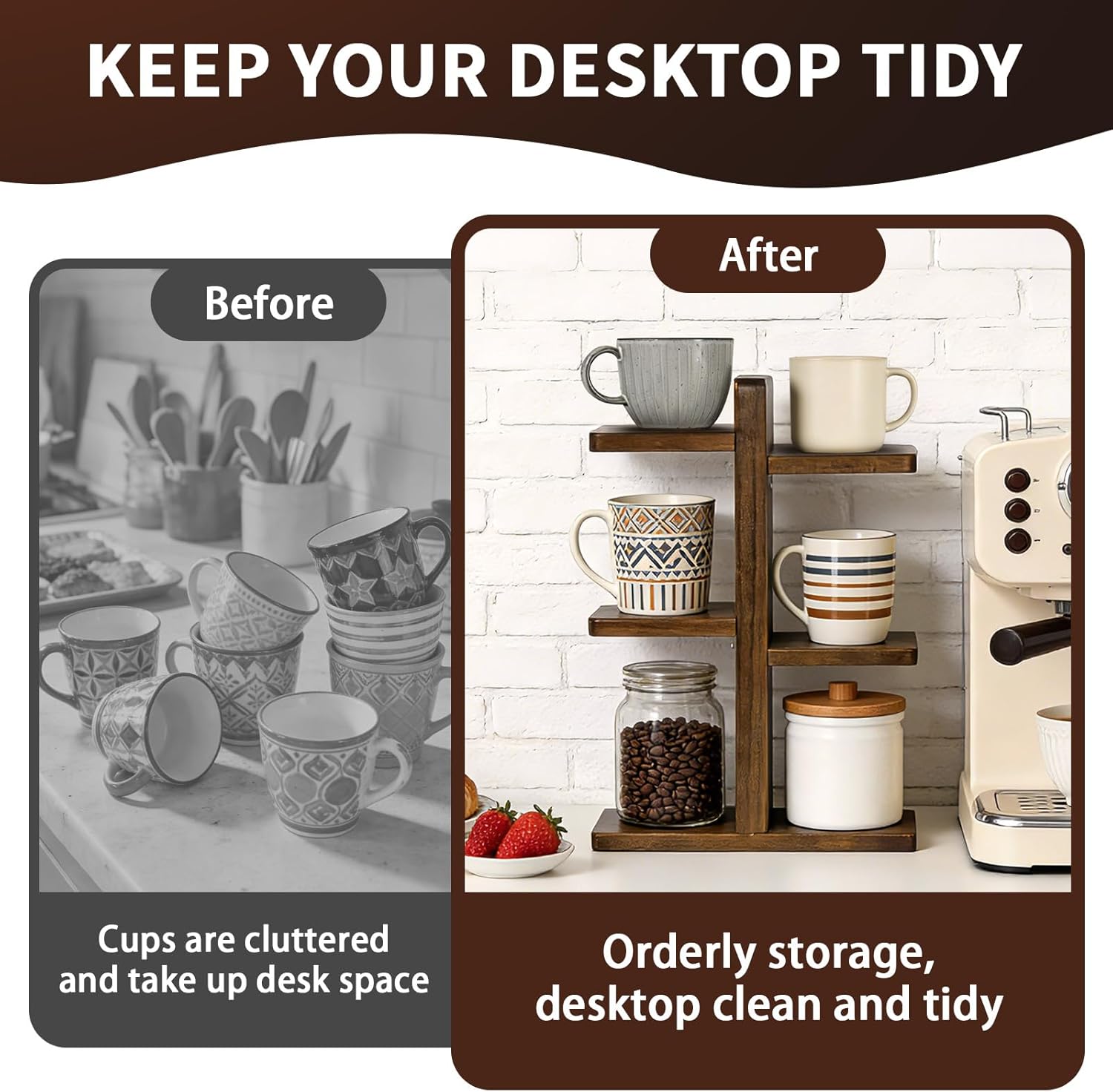 Coffee Mug Display Shelf, Wooden Cup Holder for Kitchen Counter Bar Accessory & Kitchen Organizer Mug Rack Countertop Holds 6 Mugs