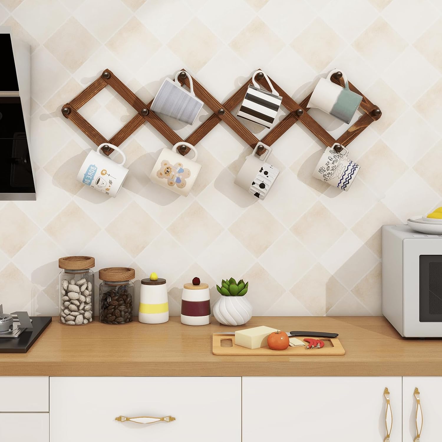 Homode Vintage Wood Expandable Peg Rack- Multi-Purpose Accordion Wall Hangers with 13 Hooks for Hats, Coat, Mugs, Scarf, Jewelry Storage