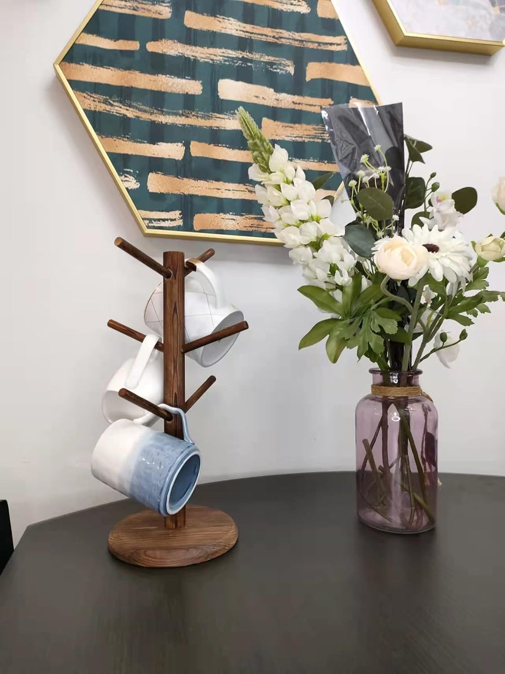 Dorhors Mug Holder Tree,Coffee Cup Holder with 6 Hooks, Wood Mug Rack for Counter,Coffee Bar Accessories and Orgnizer Station(Brown)