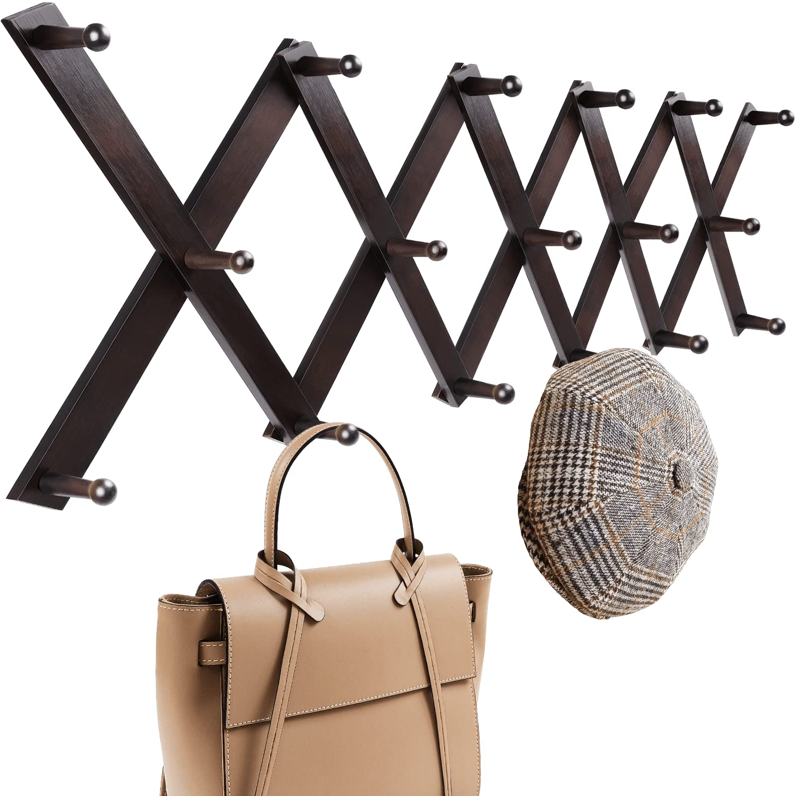 Homode Vintage Wood Expandable Peg Rack- Multi-Purpose Accordion Wall Hangers with 13 Hooks for Hats, Coat, Mugs, Scarf, Jewelry Storage