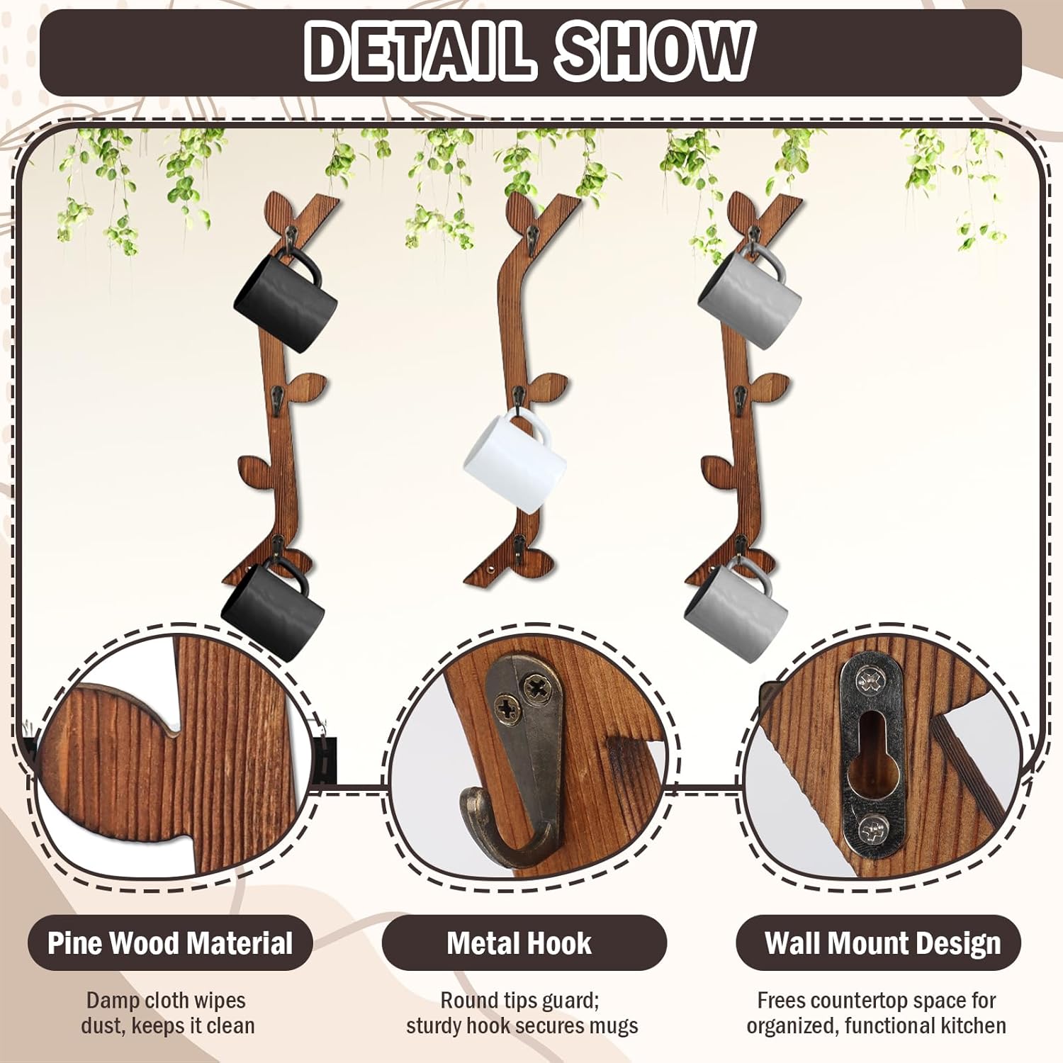 3 Pack Wood Coffee Mug Wall Rack with 9 Hooks Wall Mount Coffee Cup Holder Wooden Espresso Cup Holder Tree Brown Mug Stand Display Wall Mounted Cup Drying Rack for Kitchen Cafe