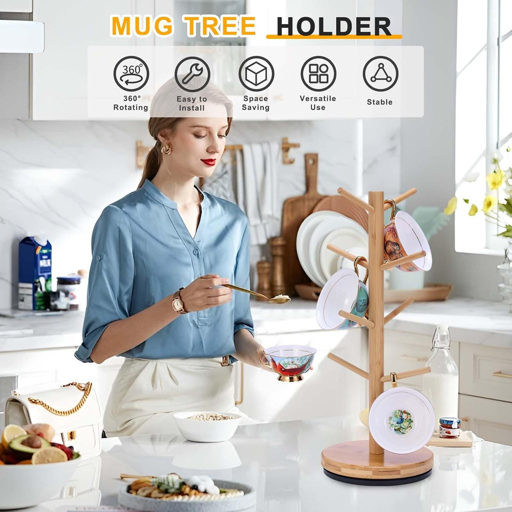 Mug Holder Tree, Upgraded 360° Rotated 8 Hooks Coffee Mug Holders for Counter, Bamboo Mug Rack Stand for Coffee Bar Accessories