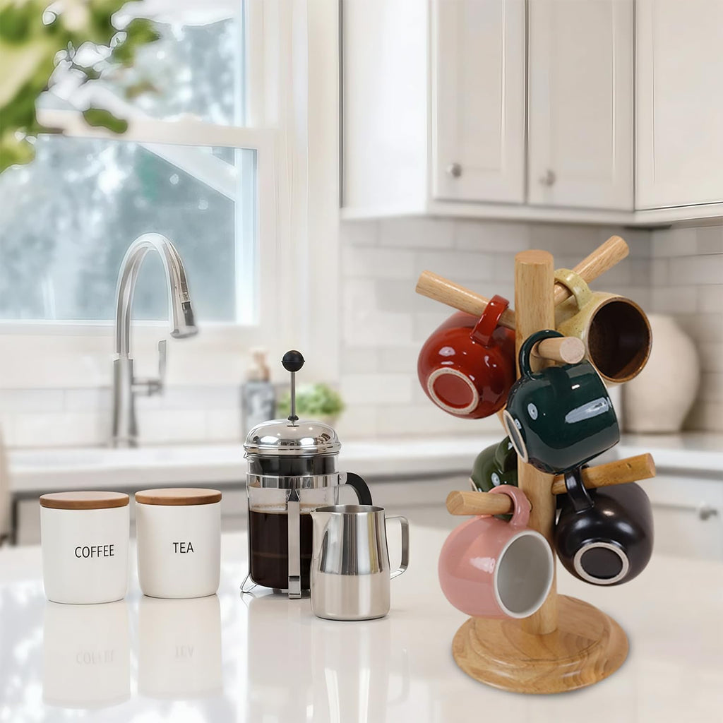 Mug Tree Set of 2 | 13.5"x7"x7", 6 Hooks Cup Holder with Thick Rubberwood Base, Wooden Coffee Mug Holder Stand for Countertop, Kitchen Table, Cup Organizer Rack for Mugs or Utensils (Natural)