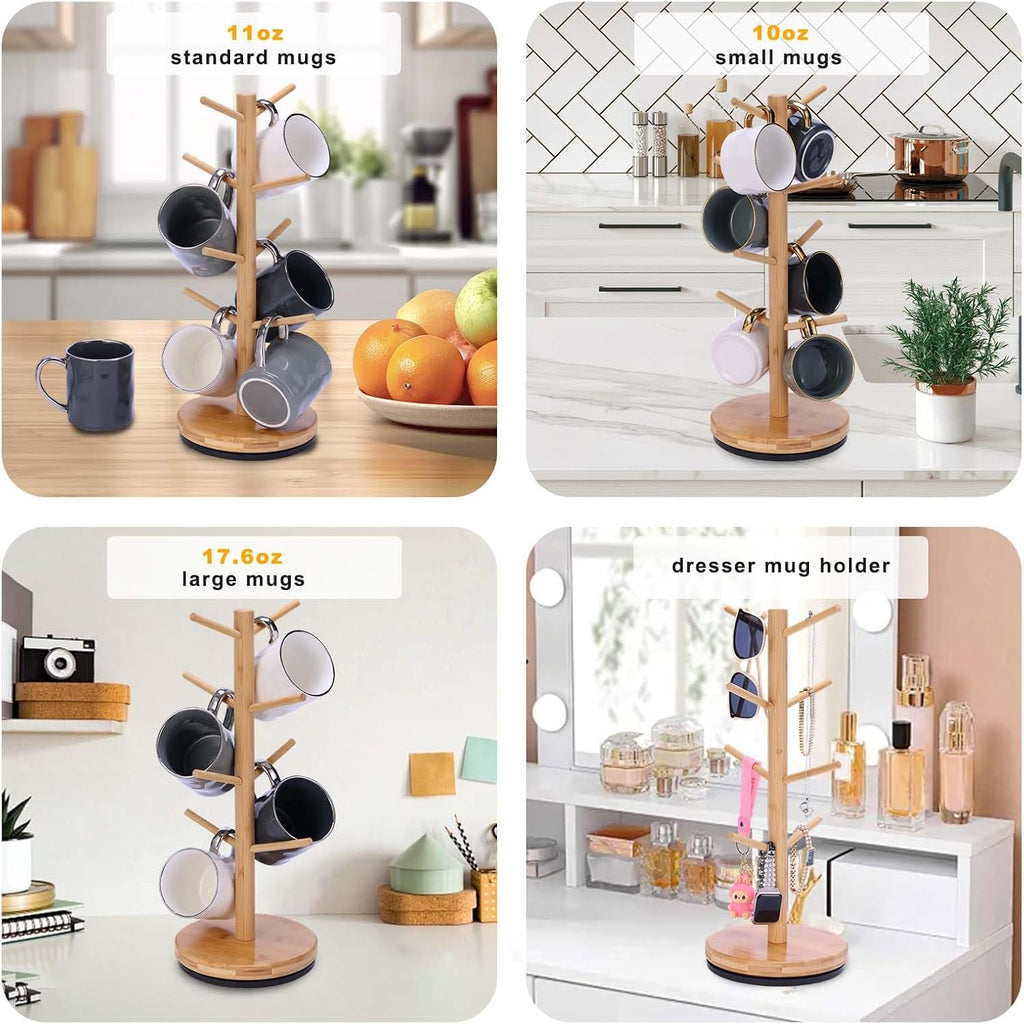 Mug Holder Tree, Upgraded 360° Rotated 8 Hooks Coffee Mug Holders for Counter, Bamboo Mug Rack Stand for Coffee Bar Accessories