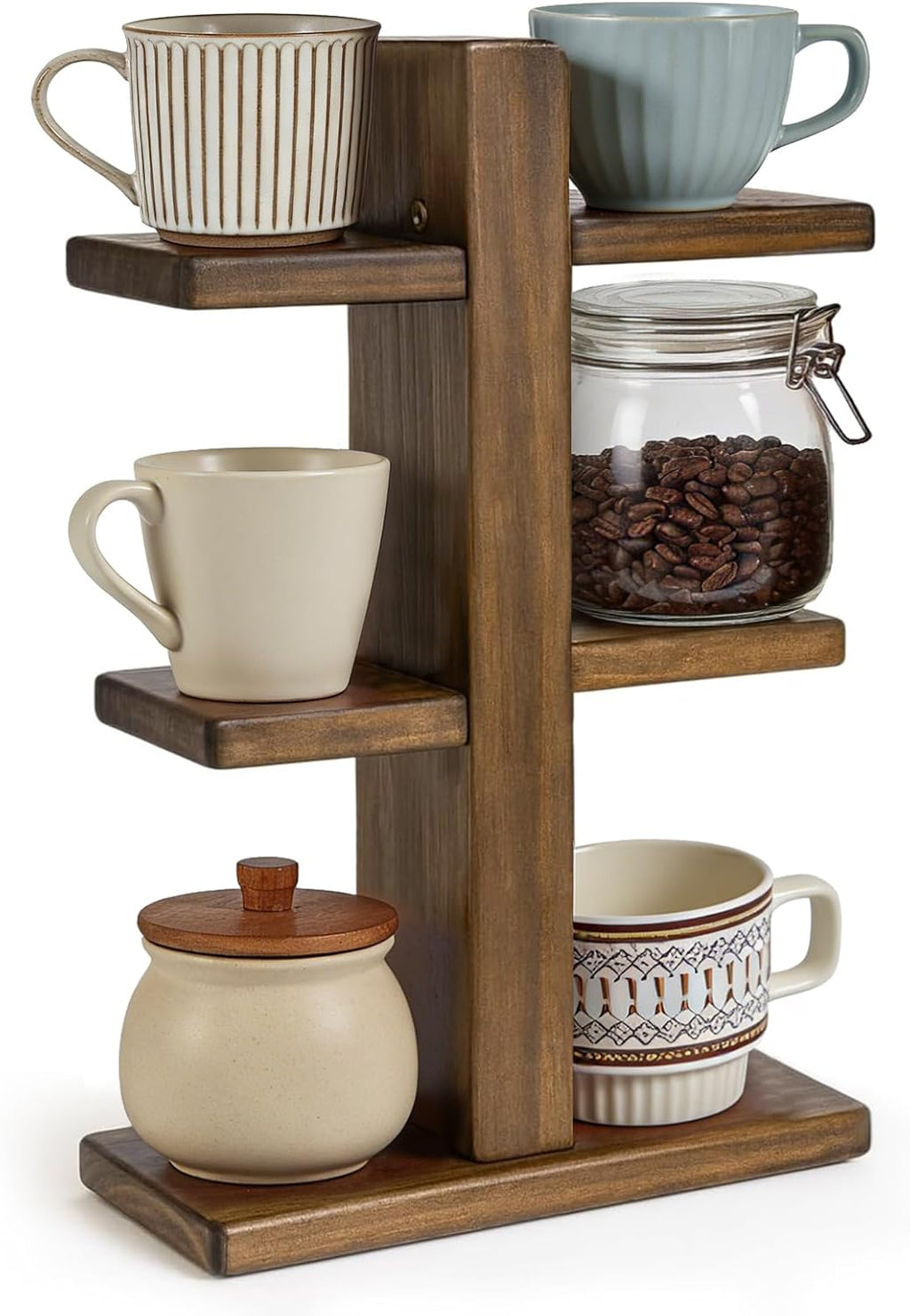 Coffee Mug Display Shelf, Wooden Cup Holder for Kitchen Counter Bar Accessory & Kitchen Organizer Mug Rack Countertop Holds 6 Mugs