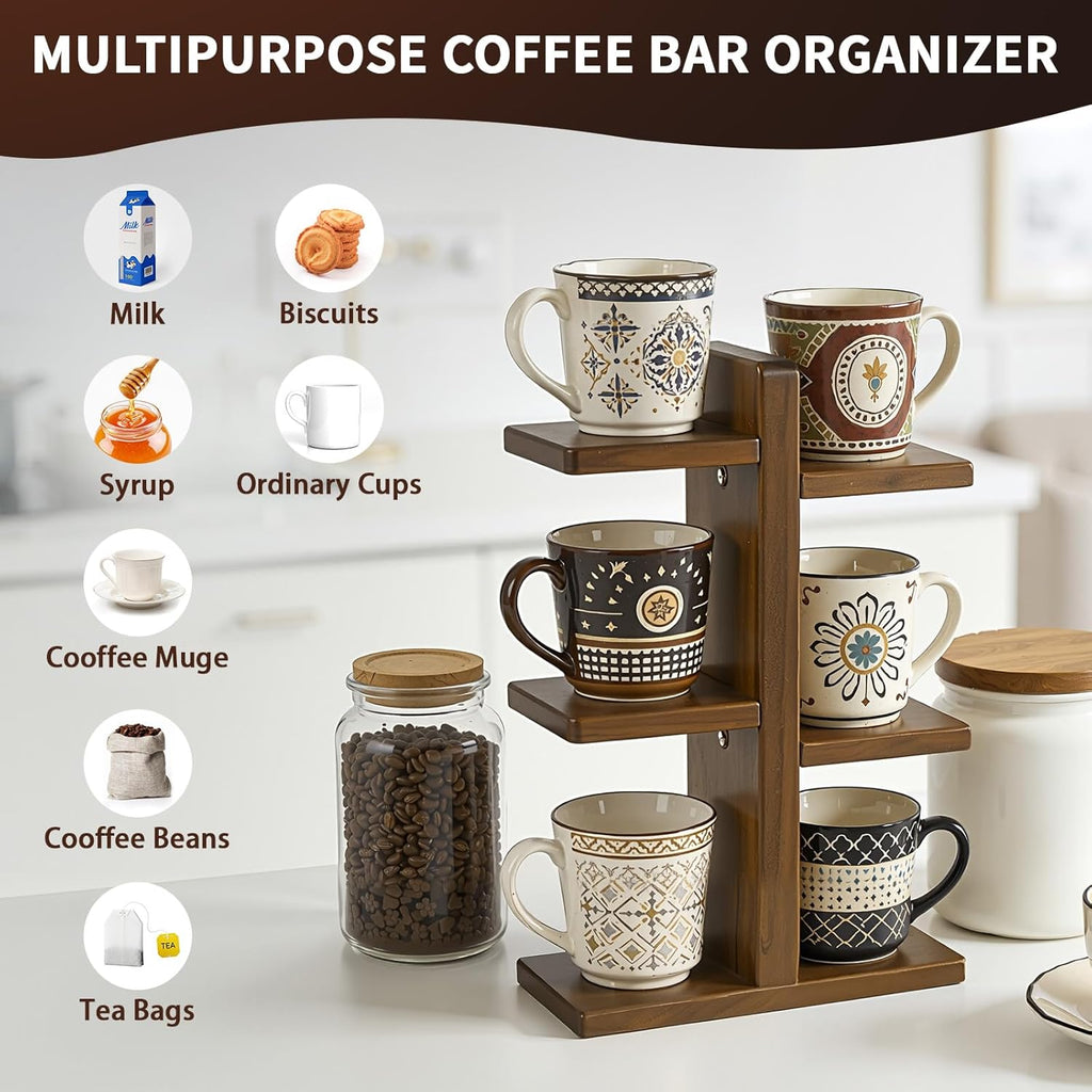 Coffee Mug Display Shelf, Wooden Cup Holder for Kitchen Counter Bar Accessory & Kitchen Organizer Mug Rack Countertop Holds 6 Mugs