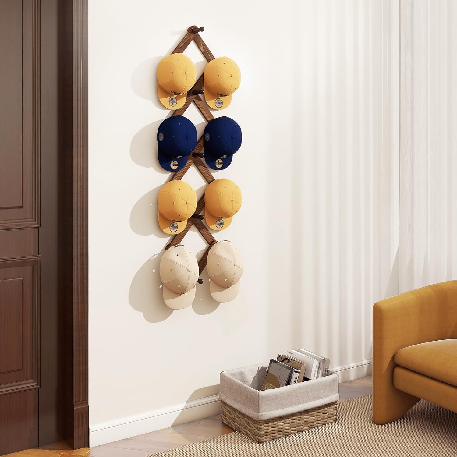 Homode Vintage Wood Expandable Peg Rack- Multi-Purpose Accordion Wall Hangers with 13 Hooks for Hats, Coat, Mugs, Scarf, Jewelry Storage