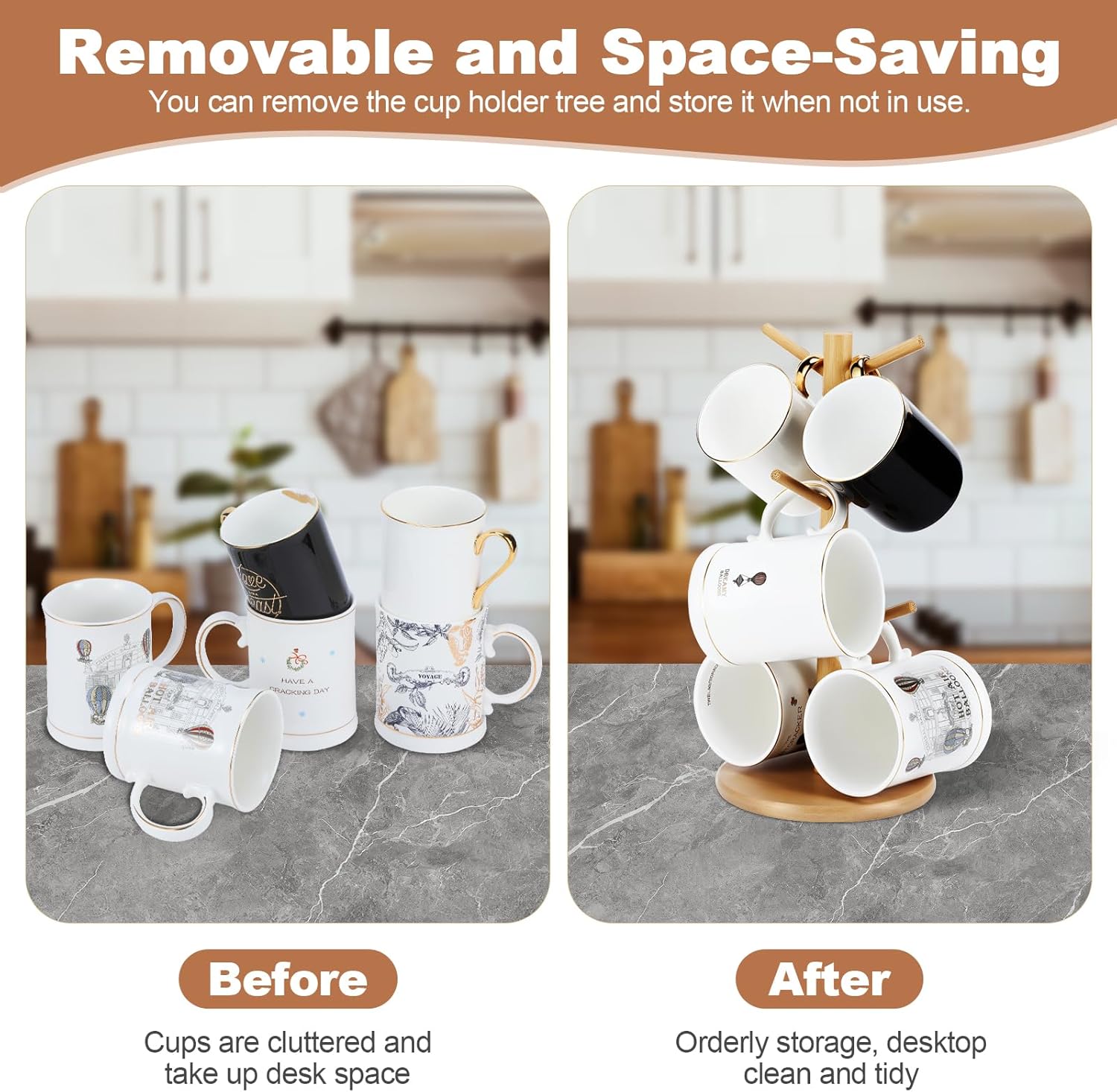 Bamboo Mug Tree Holder, Upgraded Screw Type 6 Hooks Coffee Mug Holders, Decorative Mug Racks for Counter, Non-Slip Coffee Mug Cup Trees