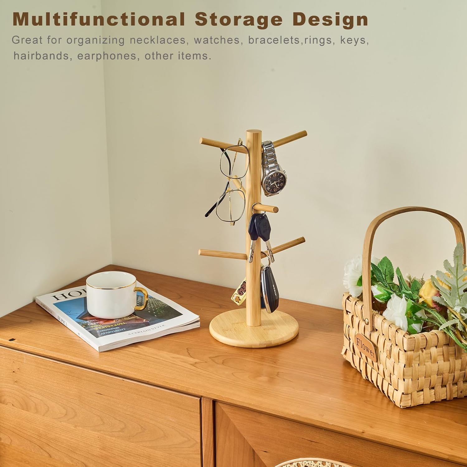 Bamboo Mug Tree for Counter, 6 Hooks Detachable Coffee Mug Holder, Decorative Mug Racks for Coffee Bar Organizer