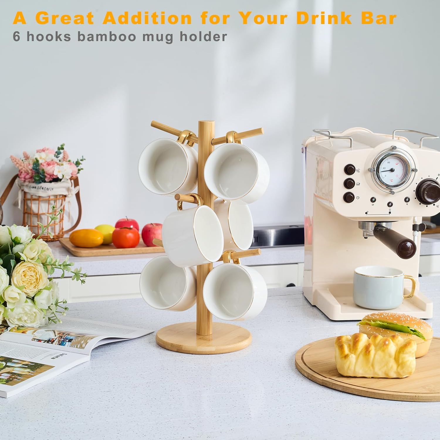 Bamboo Mug Tree for Counter, 6 Hooks Detachable Coffee Mug Holder, Decorative Mug Racks for Coffee Bar Organizer