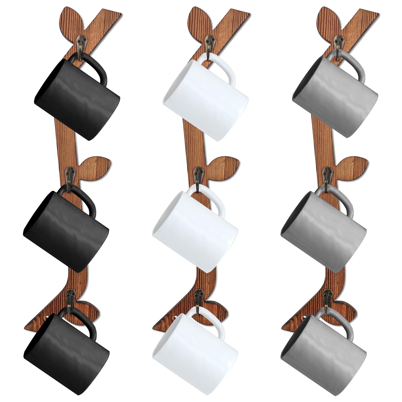 3 Pack Wood Coffee Mug Wall Rack with 9 Hooks Wall Mount Coffee Cup Holder Wooden Espresso Cup Holder Tree Brown Mug Stand Display Wall Mounted Cup Drying Rack for Kitchen Cafe