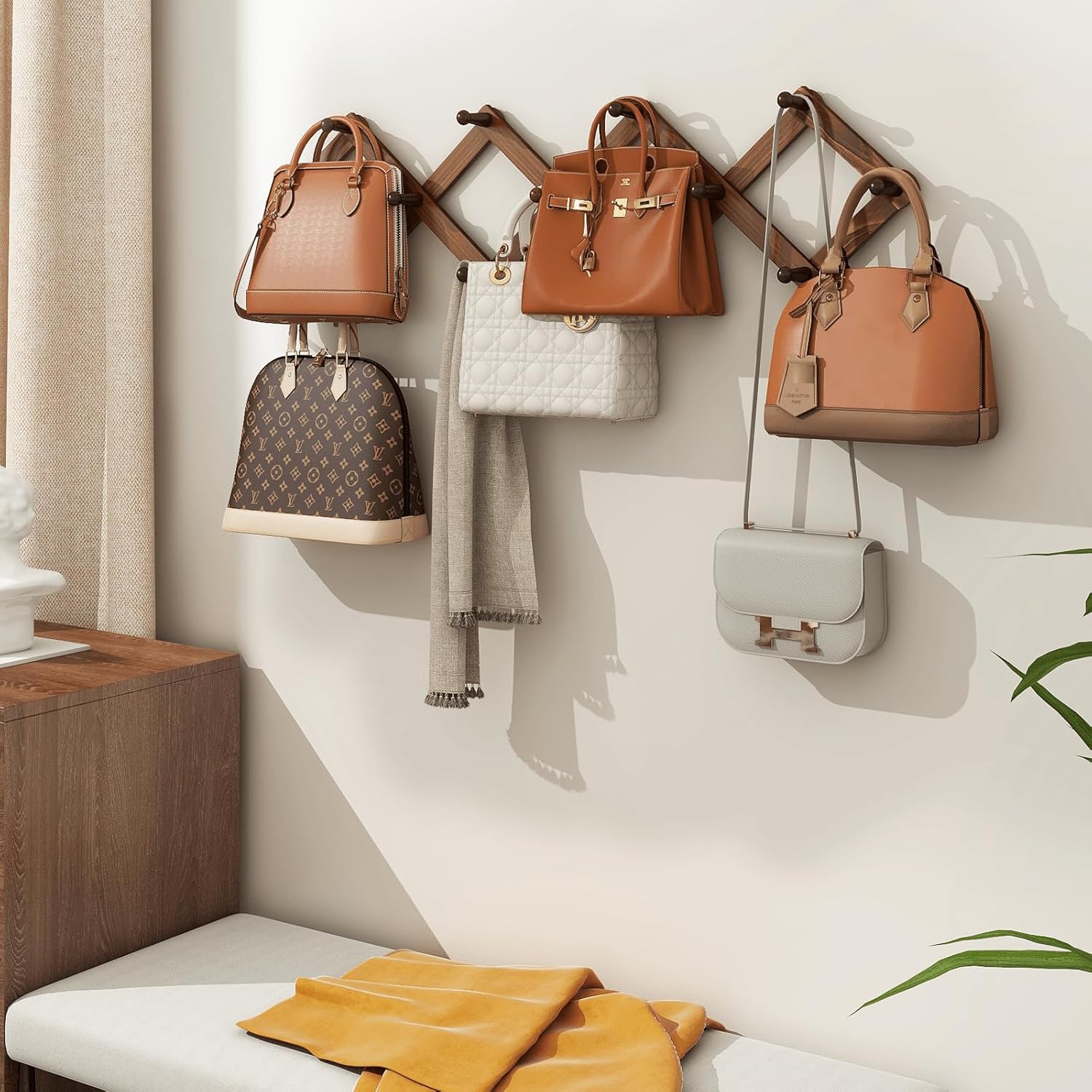 Homode Vintage Wood Expandable Peg Rack- Multi-Purpose Accordion Wall Hangers with 13 Hooks for Hats, Coat, Mugs, Scarf, Jewelry Storage