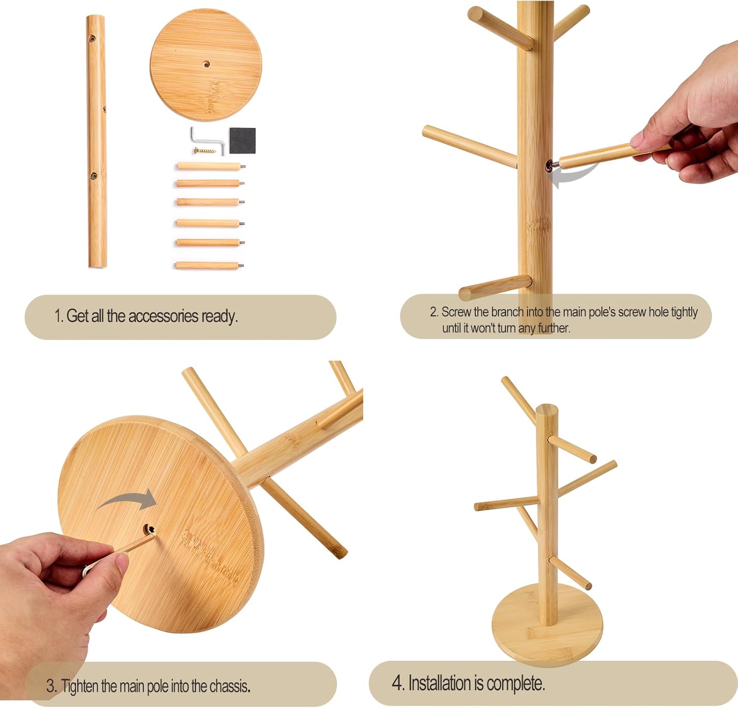 Bamboo Mug Tree for Counter, 6 Hooks Detachable Coffee Mug Holder, Decorative Mug Racks for Coffee Bar Organizer