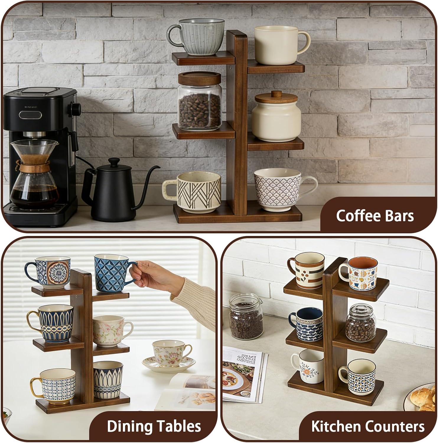 Coffee Mug Display Shelf, Wooden Cup Holder for Kitchen Counter Bar Accessory & Kitchen Organizer Mug Rack Countertop Holds 6 Mugs