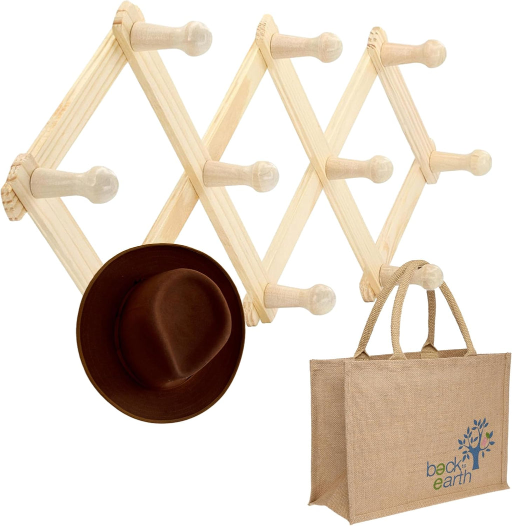 RAM-PRO Accordion Style Wood Expandable Rack Hat, Cap, Belt, Umbrella Coffee Mug Wall Wooden Pegs
